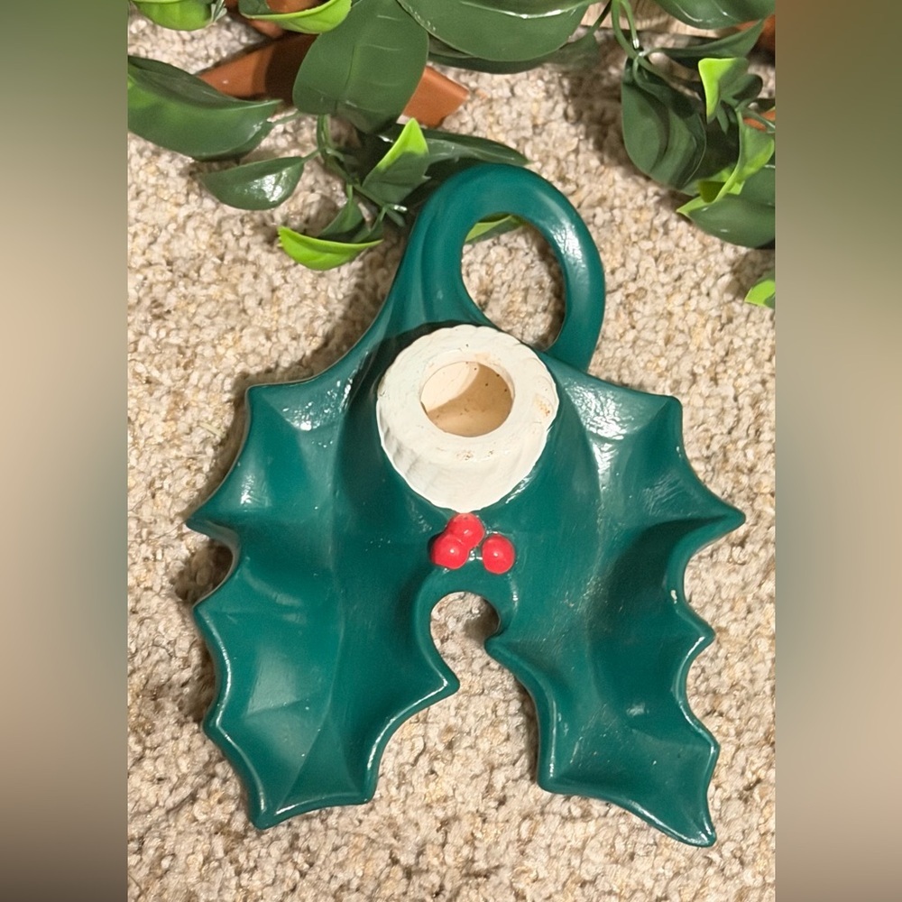 Vintage Holland Mold  Green Holly Leaf Candle Holder